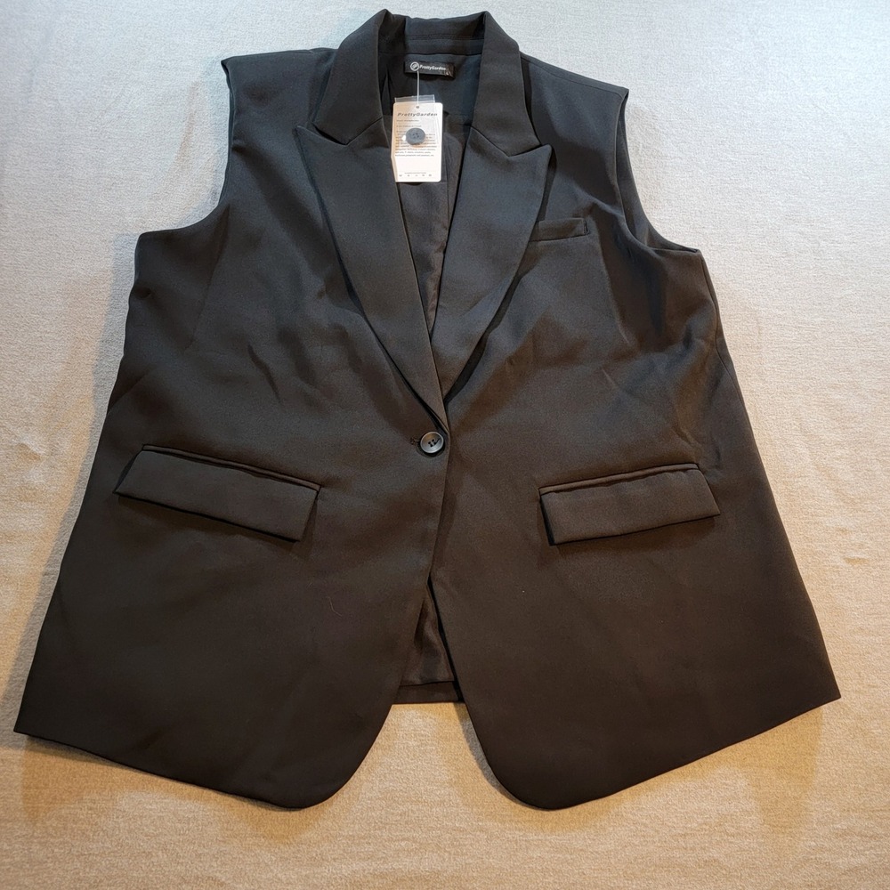 PrettyGarden Blazer Vest Women Large Black New Sleeveless Notched Lapel Lined